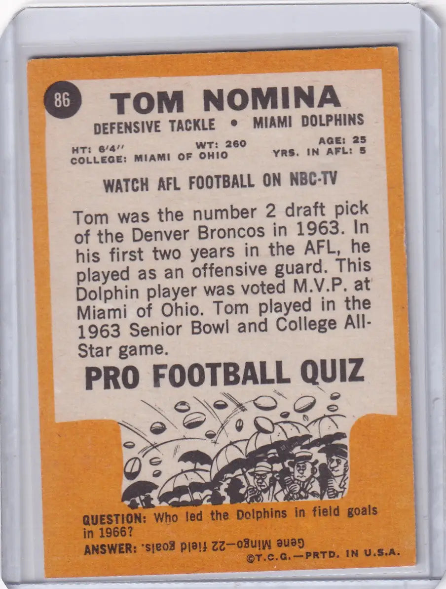 1967 Topps Football #86 Tom Nomina - Miami Dolphins - Football Card Single