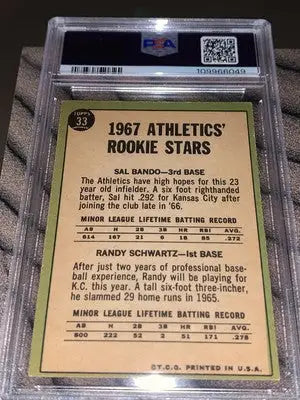 Encased 1967 Topps Sal Bando Oakland Athletics Rookie Stars baseball card PSA 6