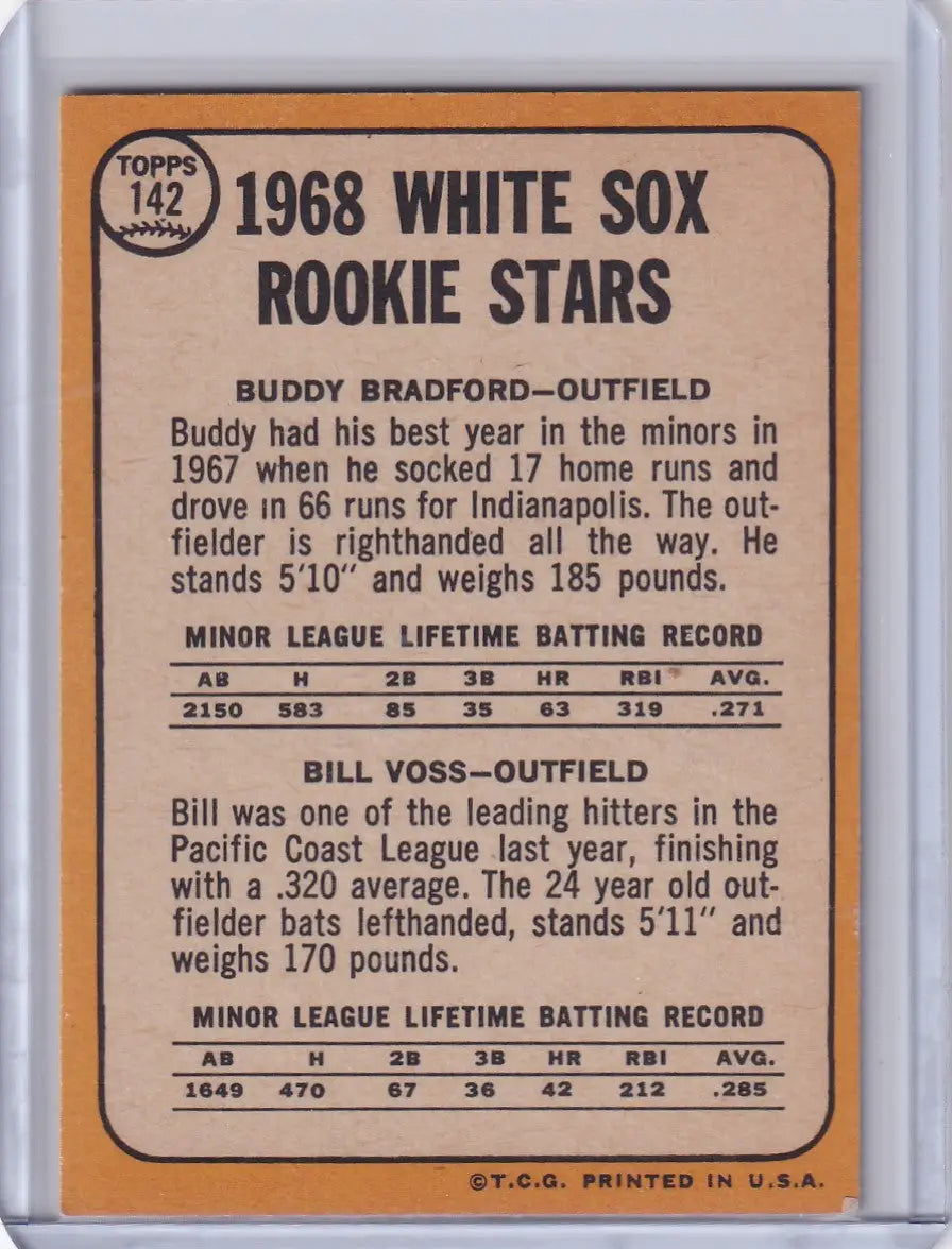 Vintage 1968 Topps Baseball card of White Sox Rookies Buddy Bradford and Bill Voss