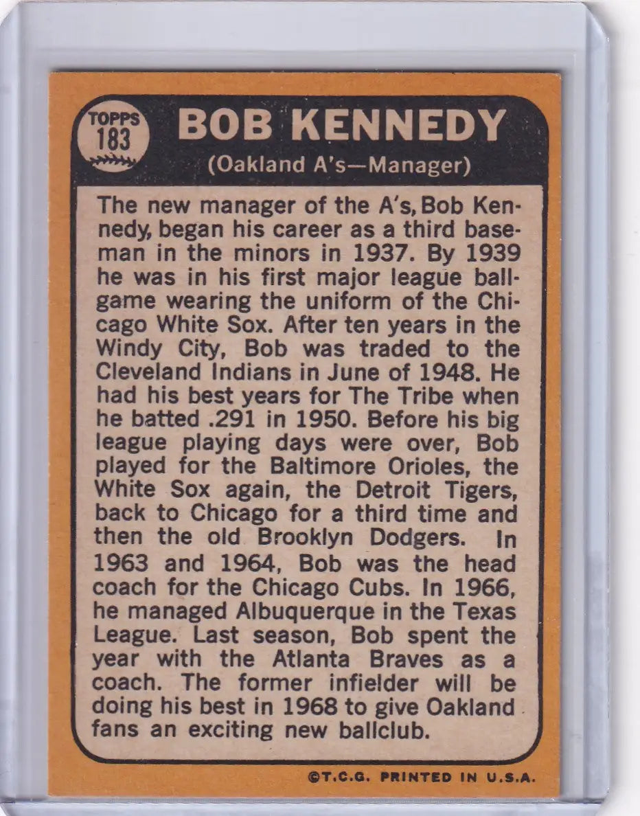 Baseball card of Bob Kennedy with biography and highlights from Topps Baseball 1968