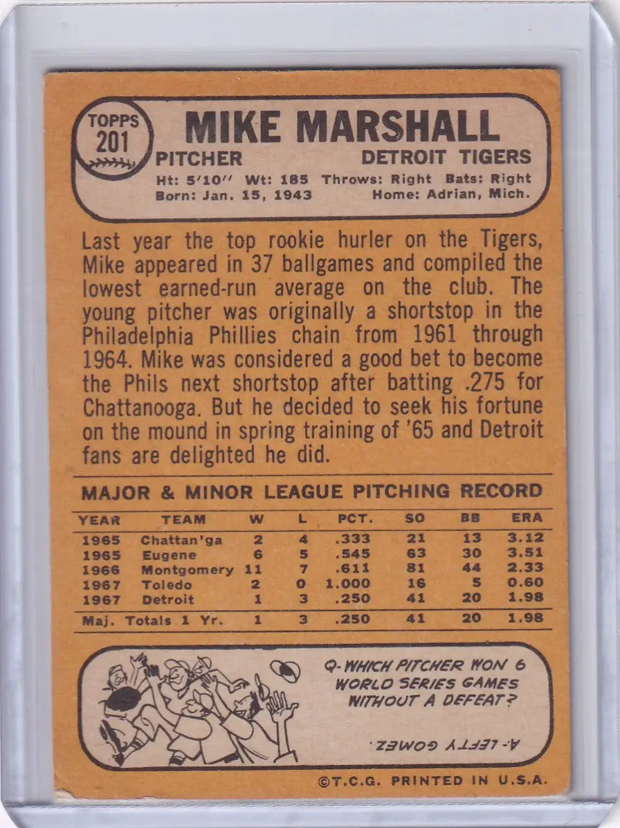 Baseball card of Mike G Marshall, Detroit Tigers pitcher, 1968 Topps Baseball RC