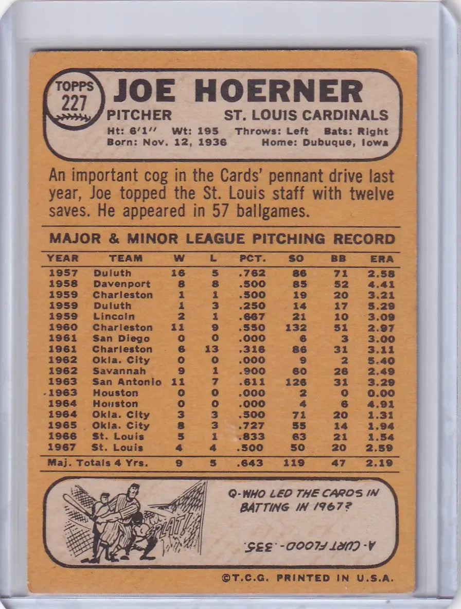 1968 Topps Baseball #227 Joe Hoerner - St. Louis Cardinals - Baseball Card Single
