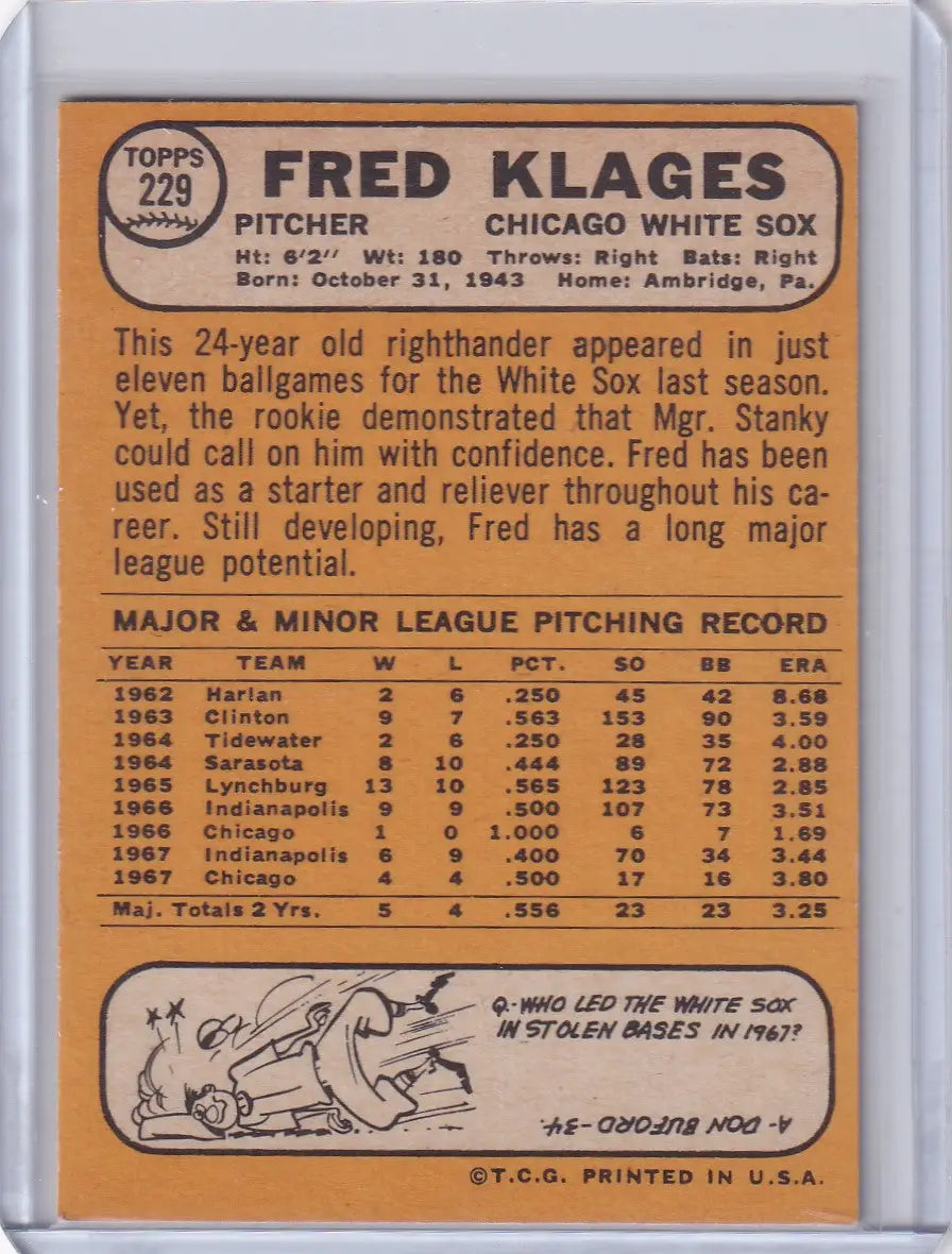 Baseball card of Fred Klages, Chicago White Sox pitcher from 1968 Topps Baseball