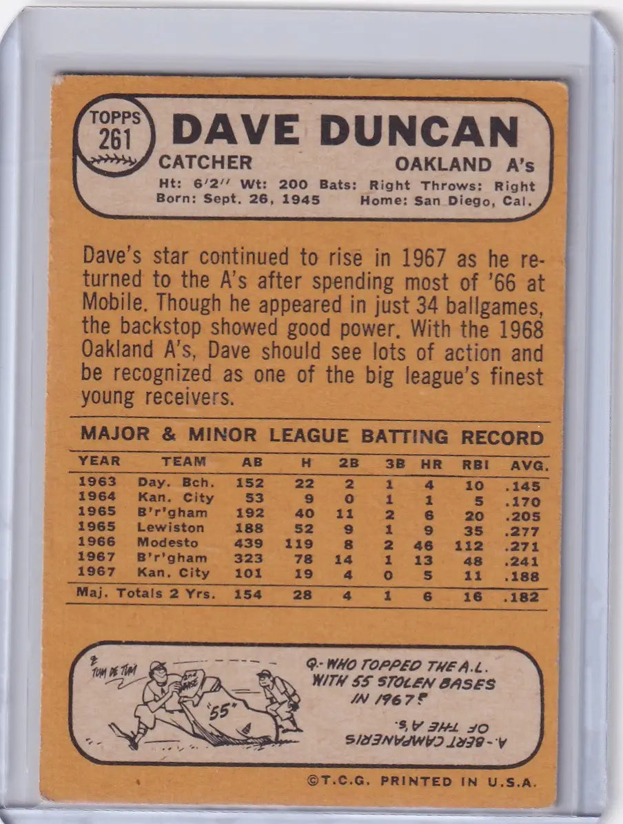 1968 Topps Baseball #261 Dave Duncan - Oakland Athletics - Baseball Card Single