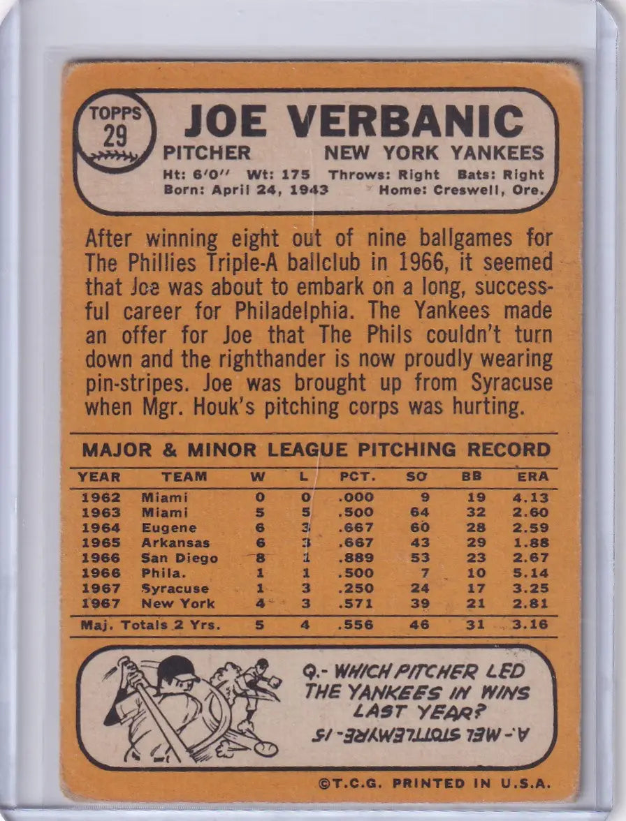 Vintage Joe Verbanic baseball card from 1968 Topps Baseball featuring New York Yankees player
