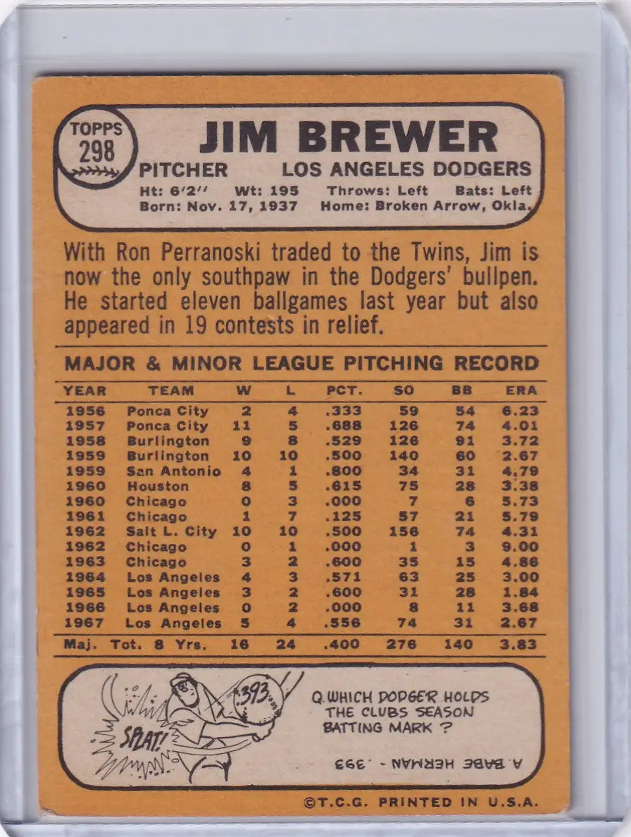 Baseball card of Jim Brewer from the Los Angeles Dodgers Topps Baseball 1968 set