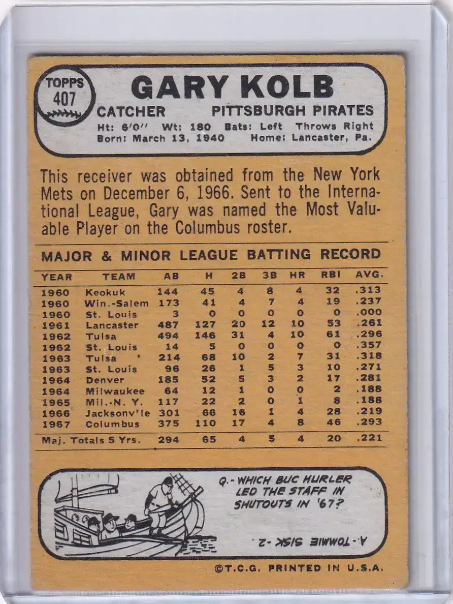 1968 Topps Baseball #407 Gary Kolb - Pittsburgh Pirates - Baseball Card Single