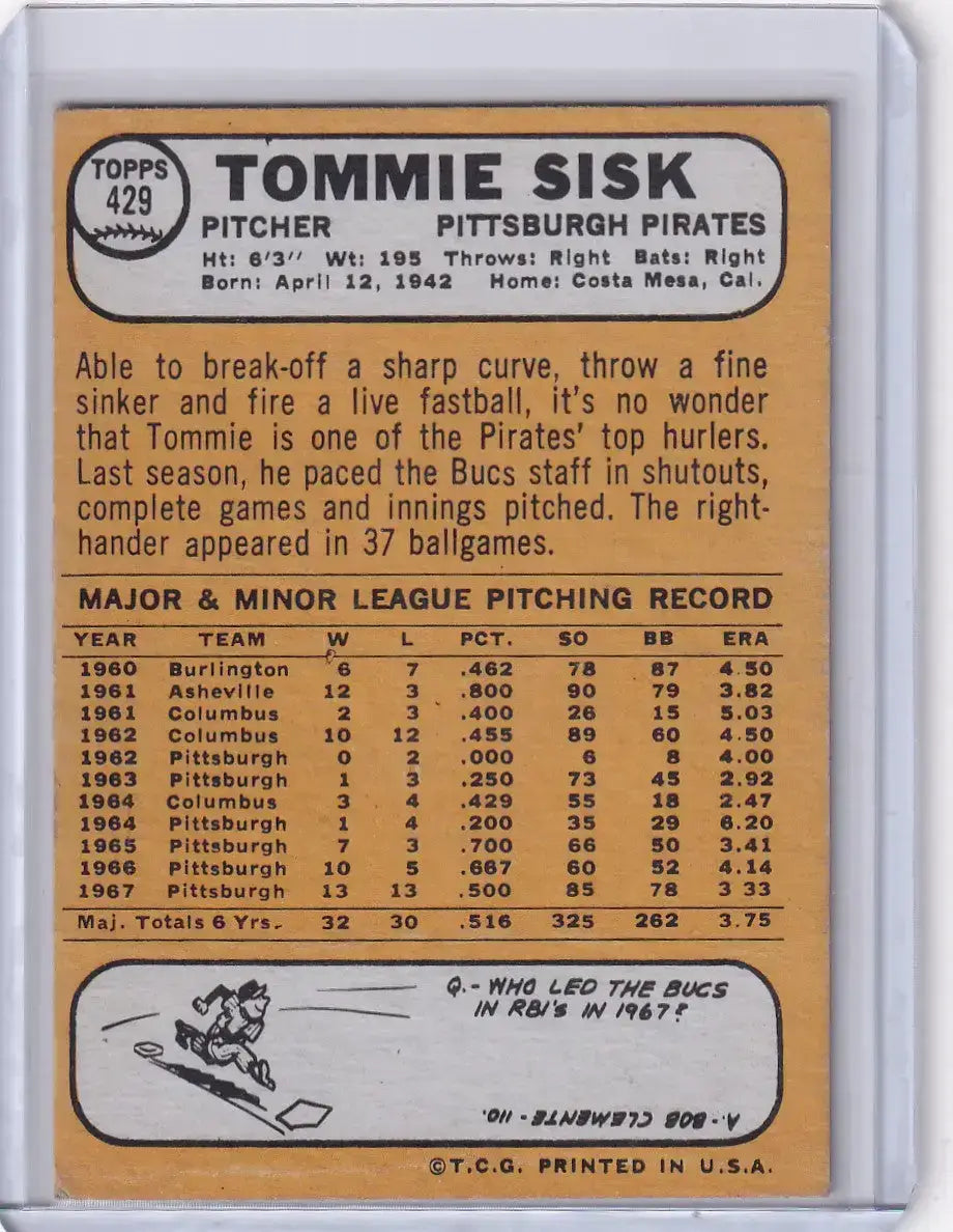 1968 Topps Baseball #429 Tommie Sisk - Pittsburgh Pirates - Baseball Card Single