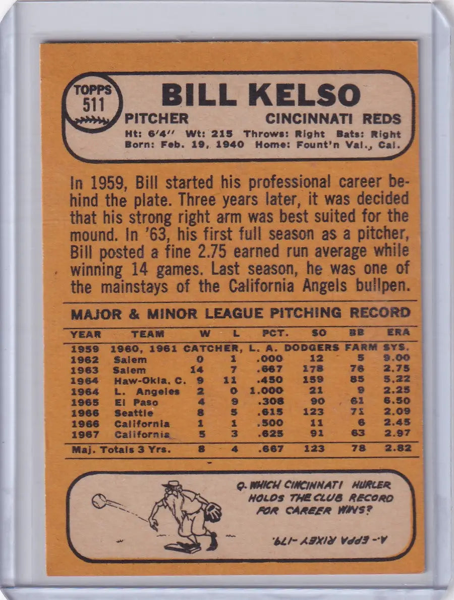 Baseball card of Bill Kelso, Cincinnati Reds player from 1968 Topps Baseball set