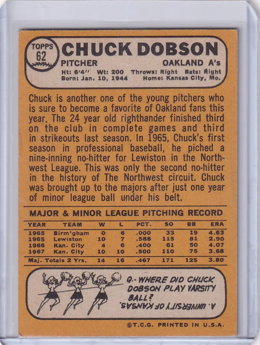 Baseball card of Chuck Dobson, Oakland Athletics pitcher, 1968 Topps Baseball #62
