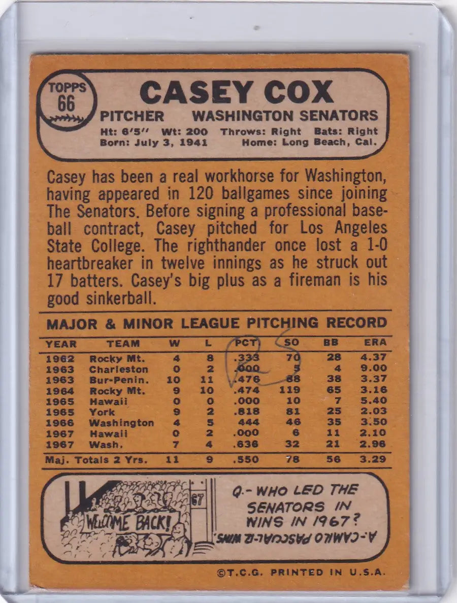Vintage Topps Baseball card featuring Casey Cox of the Washington Senators