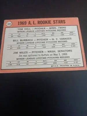 1969 Topps - AL Rookie Stars. Tom Hall Bill Burbach Jim Miles #658 (RC). EX+ - Baseball Card Single