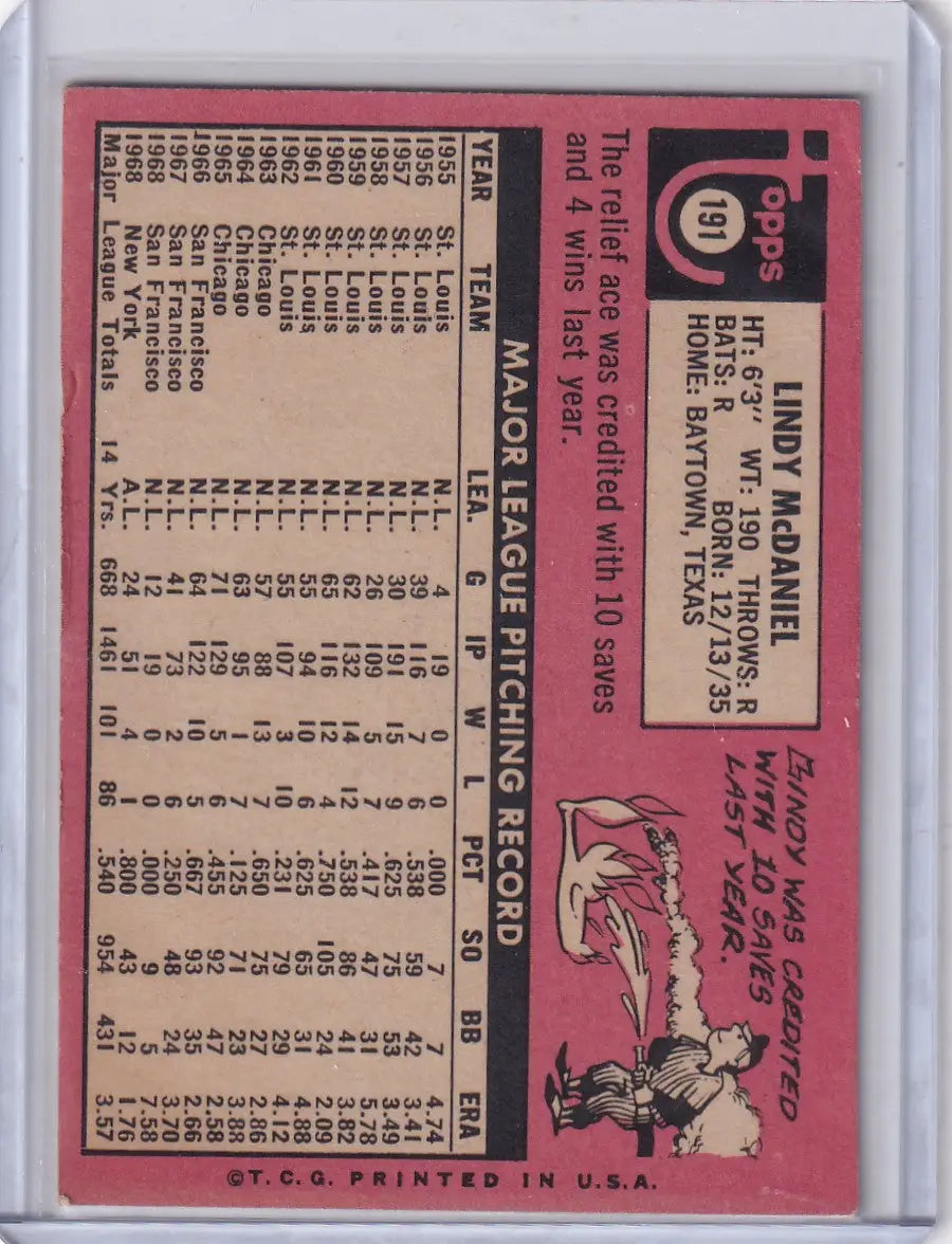 1969 Topps Baseball #191 Lindy McDaniel - New York Yankees - Baseball Card Single