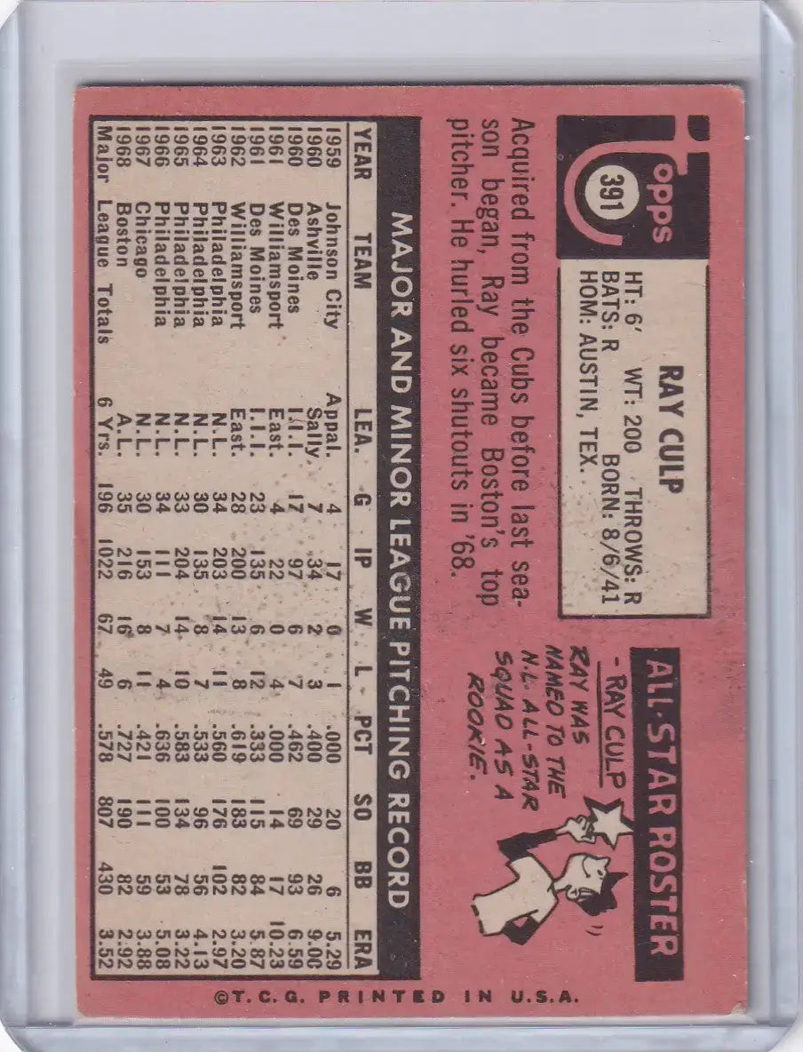 1969 Topps Baseball #391 Ray Culp - Boston Red Sox - Baseball Card Single