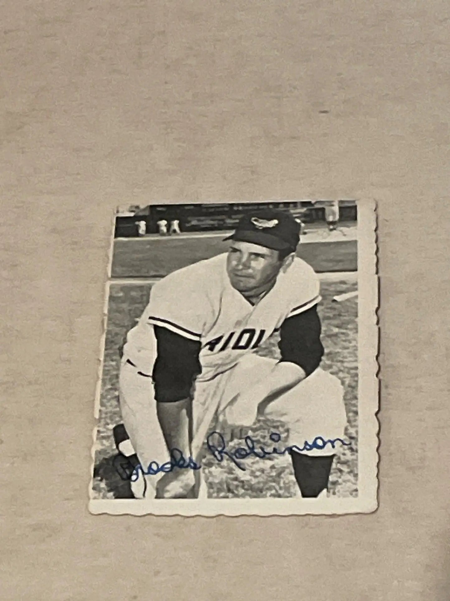 Vintage black and white baseball photograph of an Indians player in a ready position