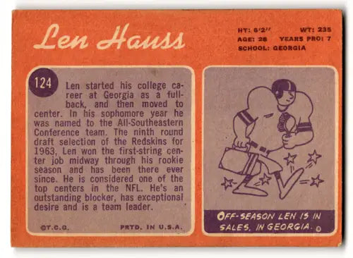 Vintage football card of Len Hauss with original gloss from 1970 Topps Redskins
