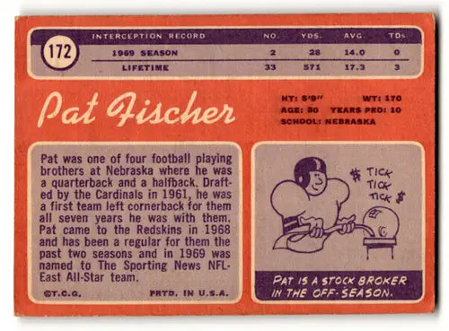 Vintage Pat Fischer football card with original gloss from 1970 Topps Redskins collection