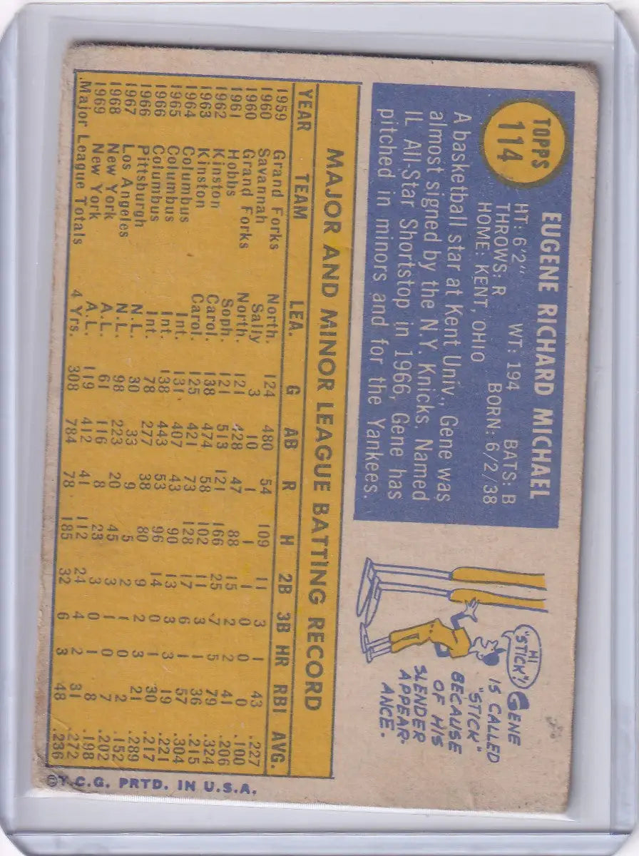 Vintage Topps Baseball card of Gene Michael from the New York Yankees with statistics