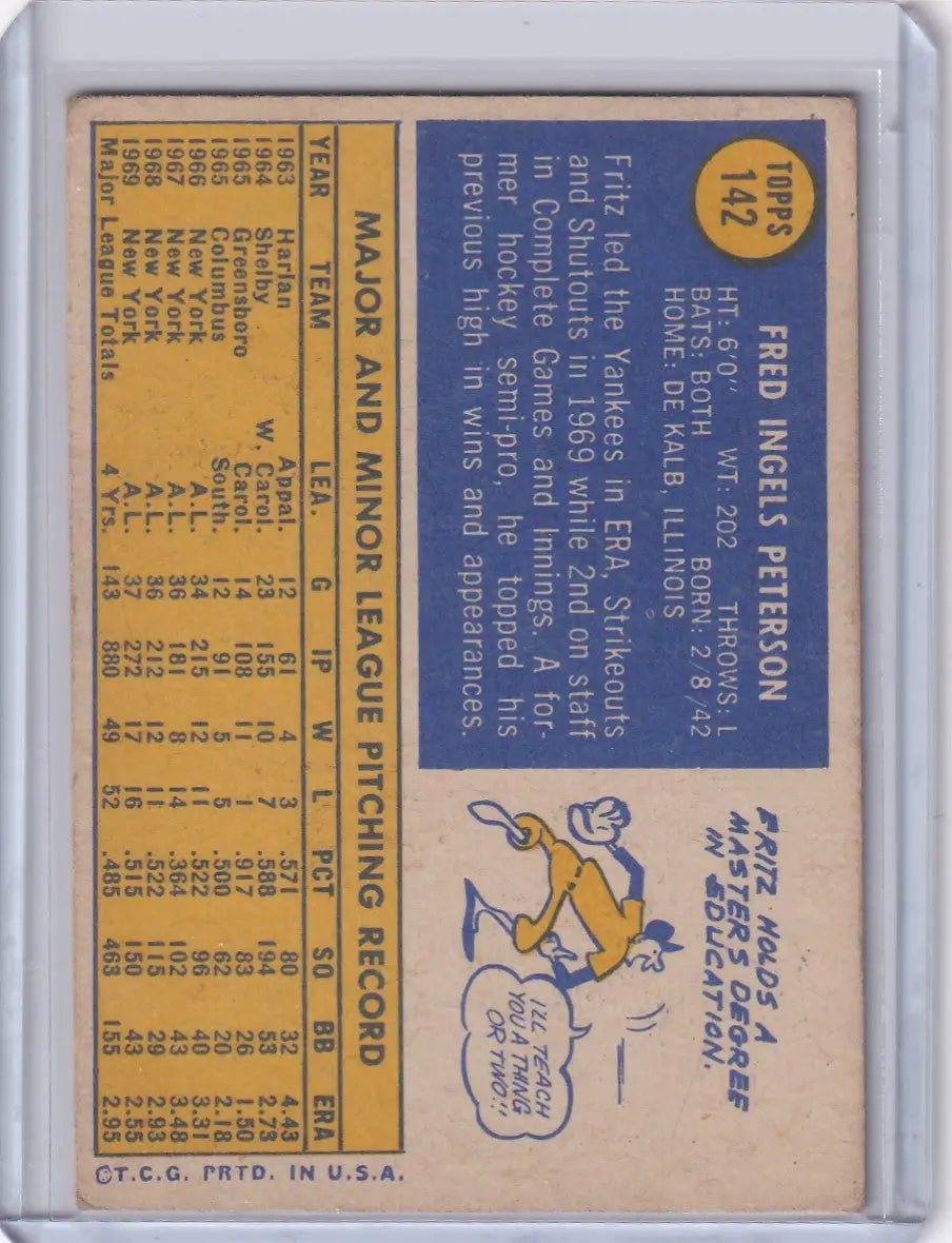 Vintage 1970 Topps Baseball card of Fritz Peterson with Yankees mascot illustration