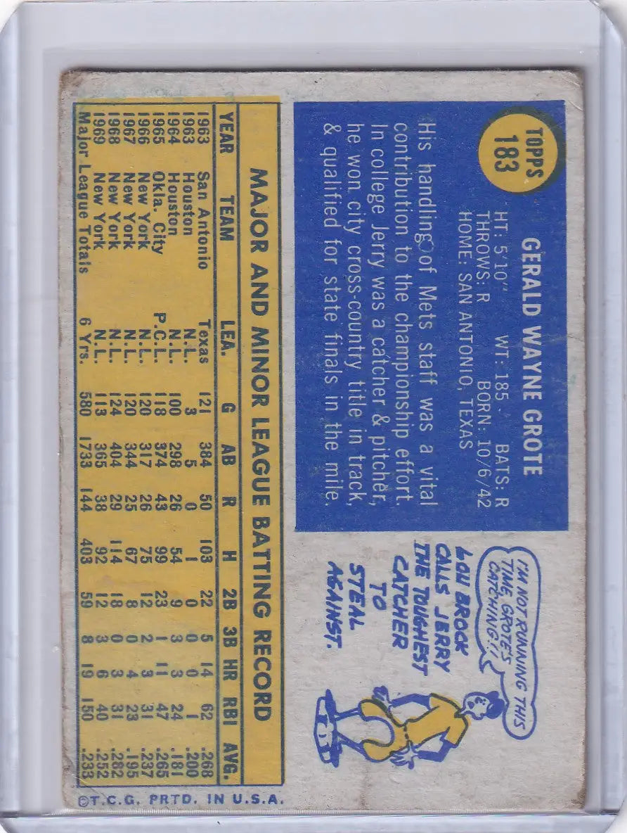 Vintage Topps Baseball card featuring Jerry Grote with New York Mets stats and bio