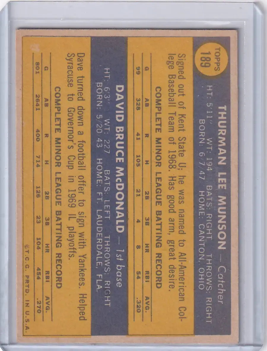 1970 Topps Baseball #189 Yankees Rookies - Thurman Munson / Dave McDonald RC - Baseball Card Single