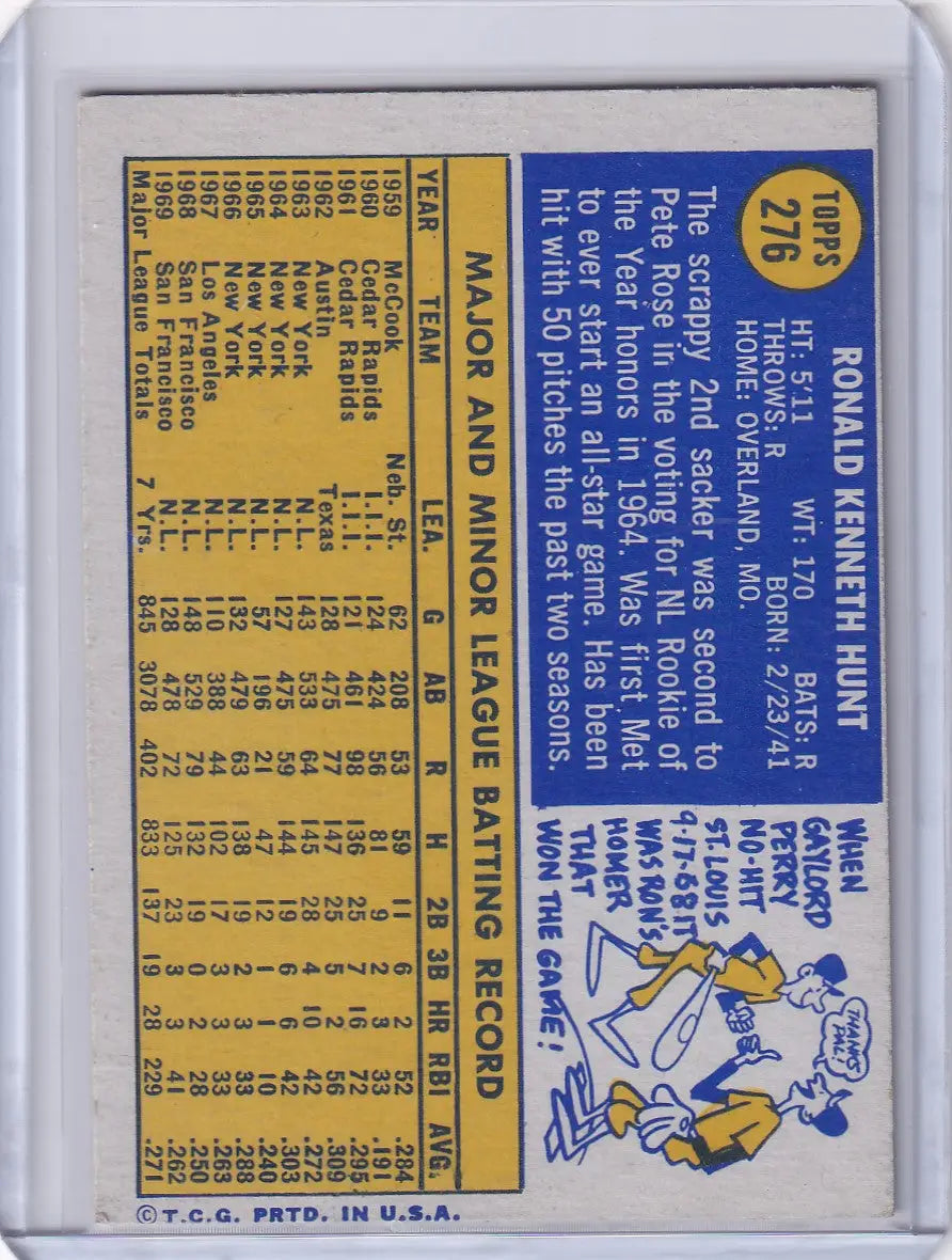 1970 Topps Baseball #276 Ron Hunt - San Francisco Giants - Baseball Card Single