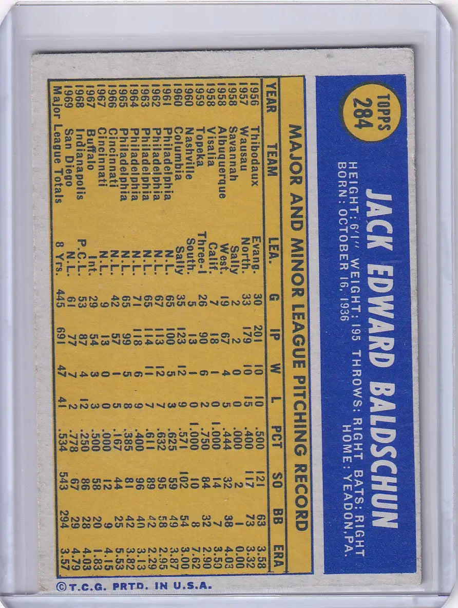1970 Topps Baseball #284 Jack Baldschun - San Diego Padres - Baseball Card Single