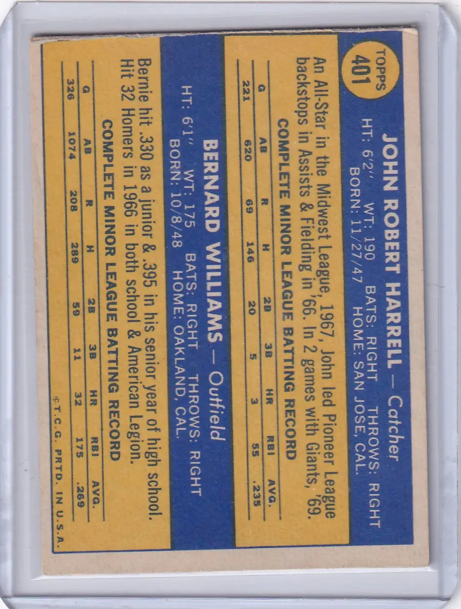 Baseball card showcasing John Harrell and Bernie Williams from Giants Rookies series