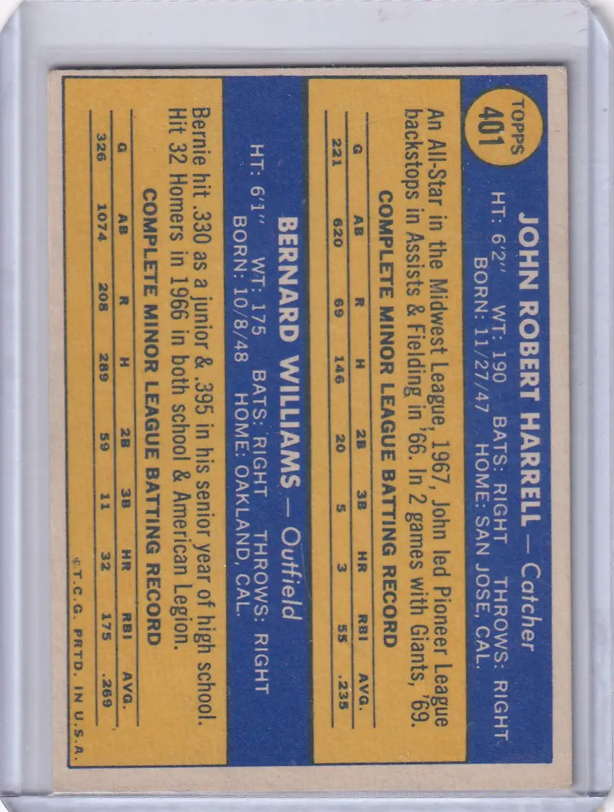 1970 Topps Baseball #401 Giants Rookies - John Harrell / Bernie Williams RC - Baseball Card Single