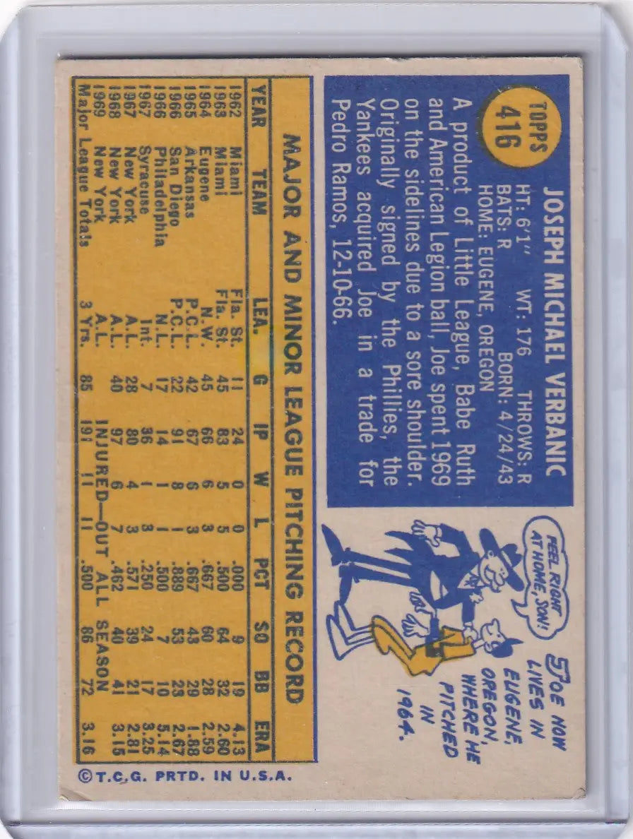 1970 Topps Baseball #416 Joe Verbanic - New York Yankees - Baseball Card Single