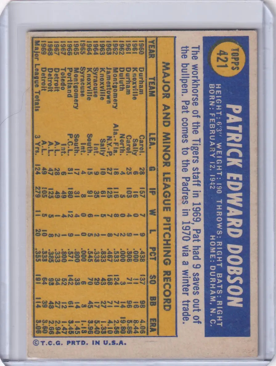 1970 Topps Baseball #421 Pat Dobson - San Diego Padres - Baseball Card Single
