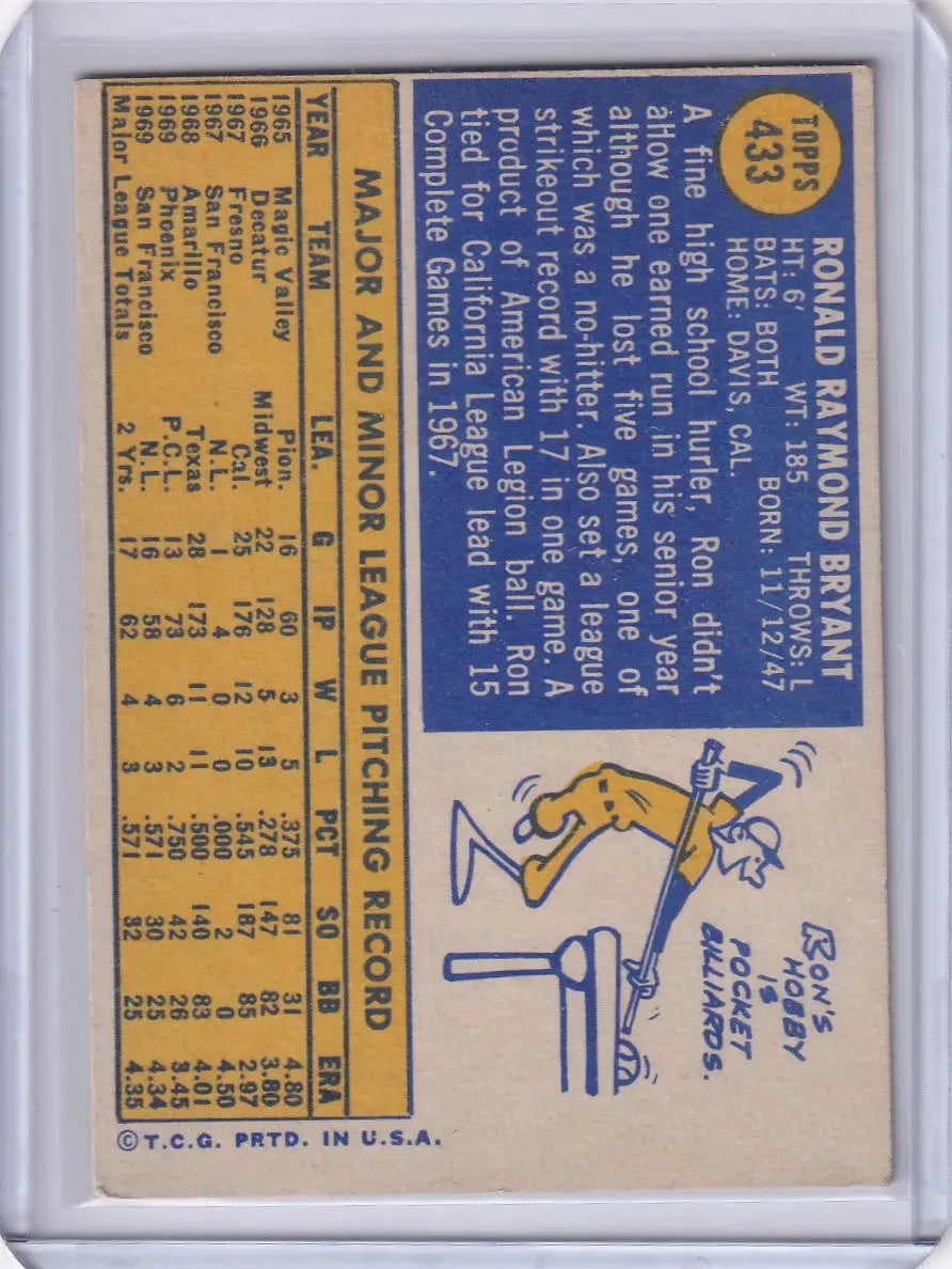 1970 Topps Baseball #433 Ron Bryant RC - San Francisco Giants - Baseball Card Single