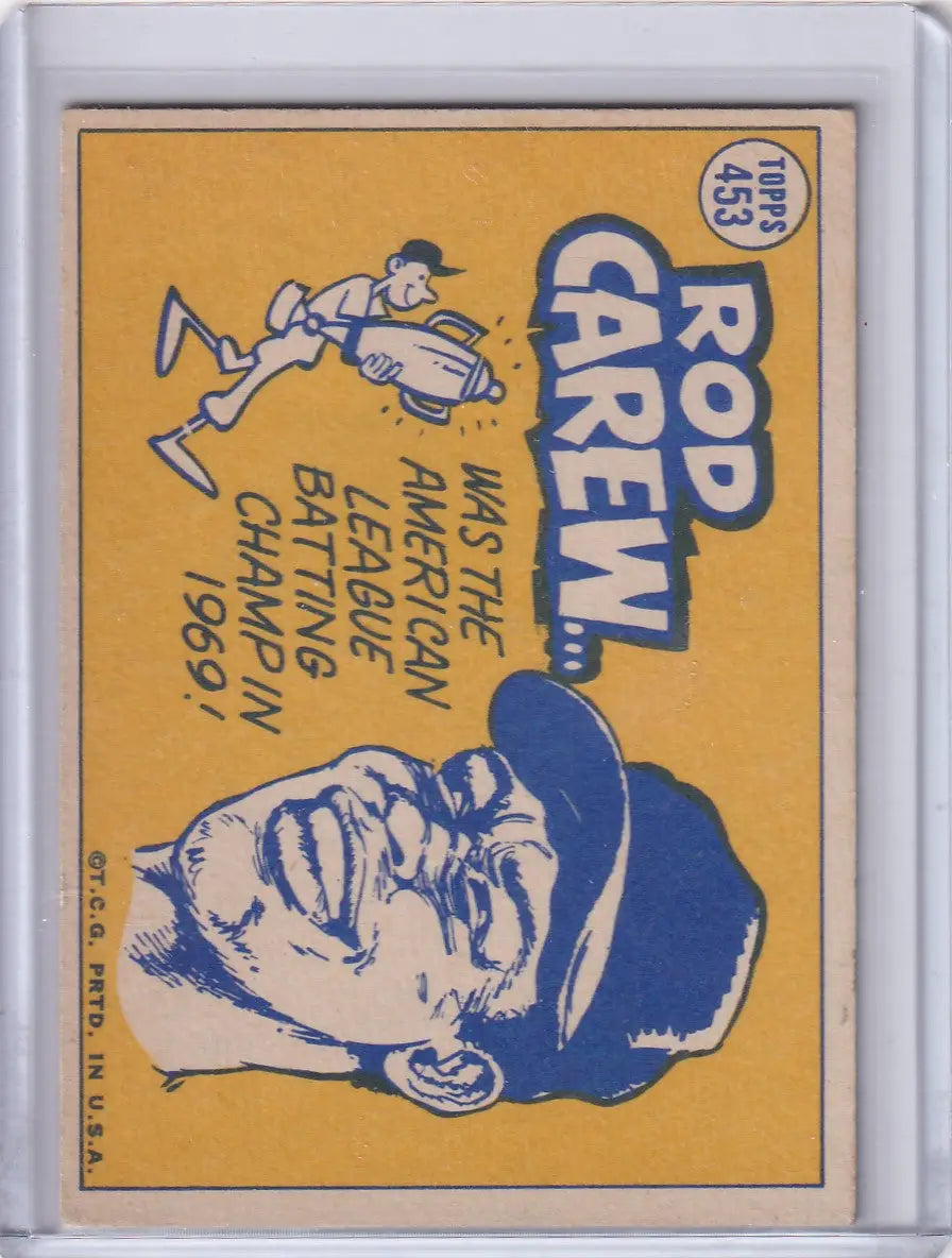 Rod Carew caricatured baseball card from 1970 Topps Baseball featuring Minnesota Twins