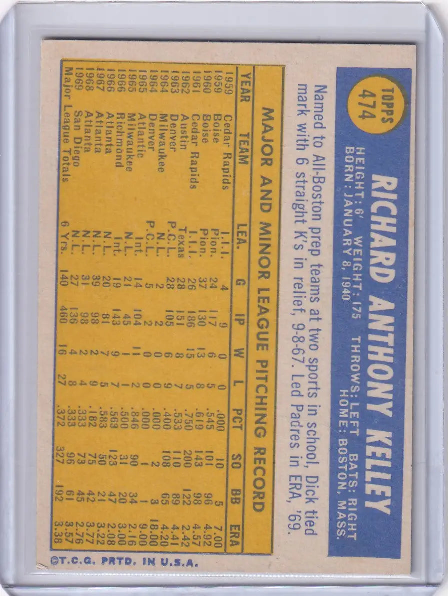 1970 Topps Baseball #474 Dick Kelley - San Diego Padres - Baseball Card Single