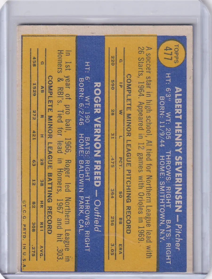 1970 Topps Baseball #477 Orioles Rookies - Al Severinsen / Roger Freed RC - Baseball Card Single