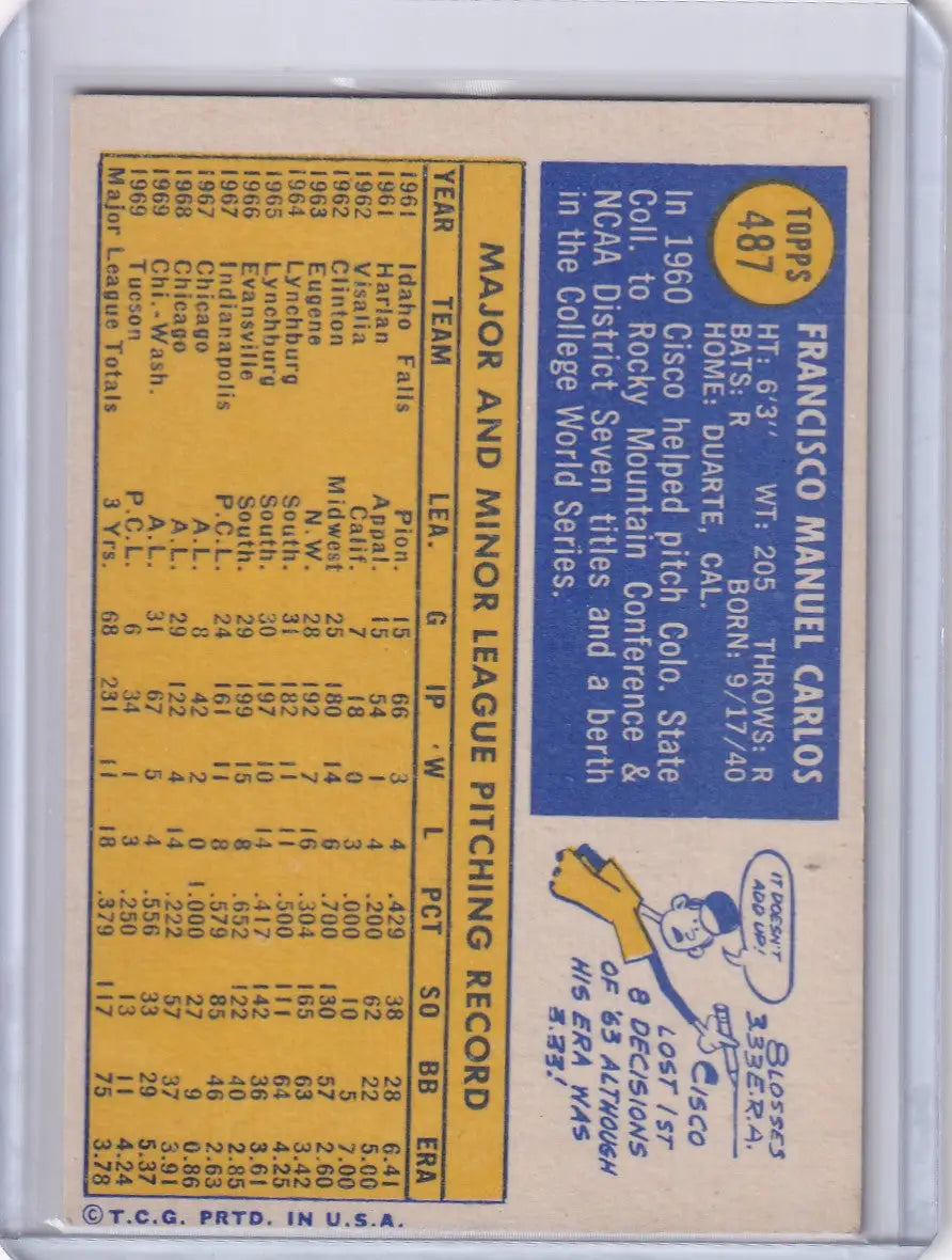 1970 Topps Baseball #487 Cisco Carlos - Washington Senators - Baseball Card Single