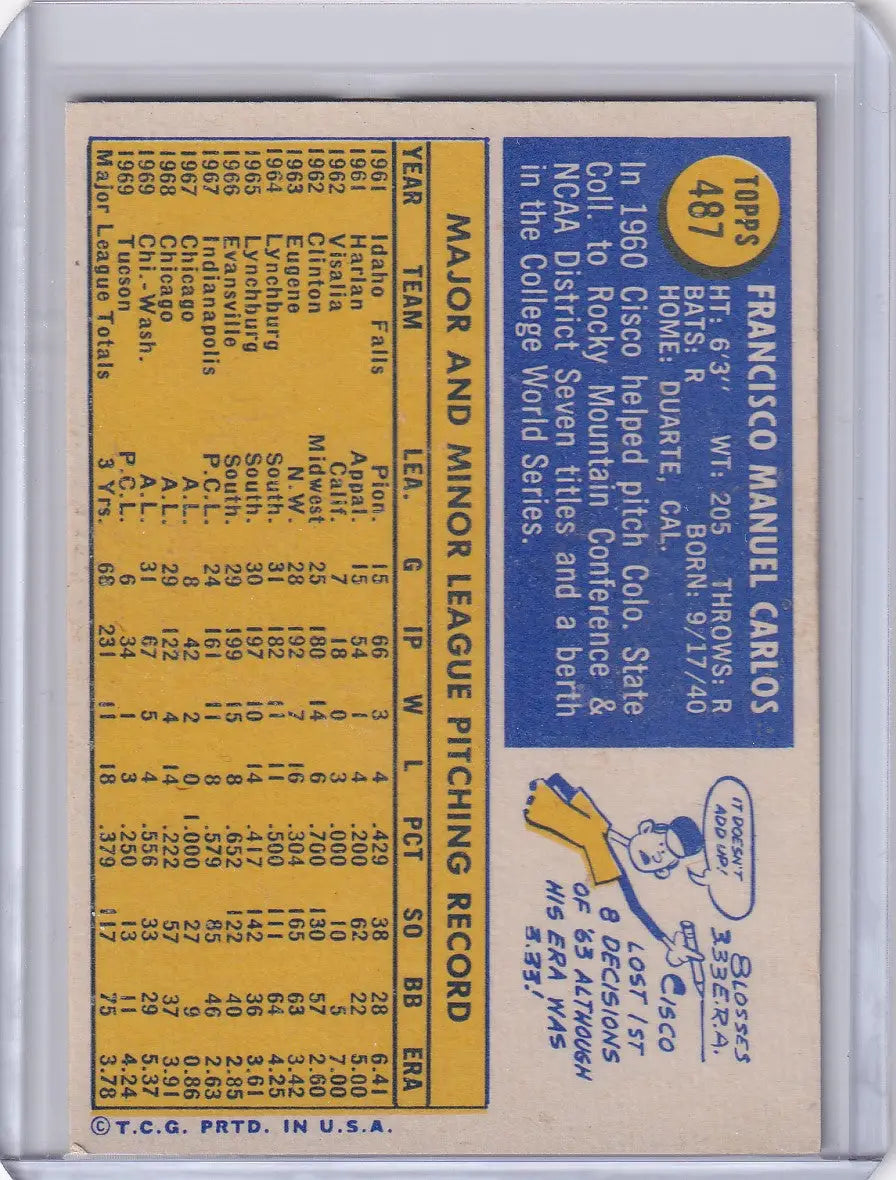 1970 Topps Baseball #487 Cisco Carlos - Washington Senators - Baseball Card Single