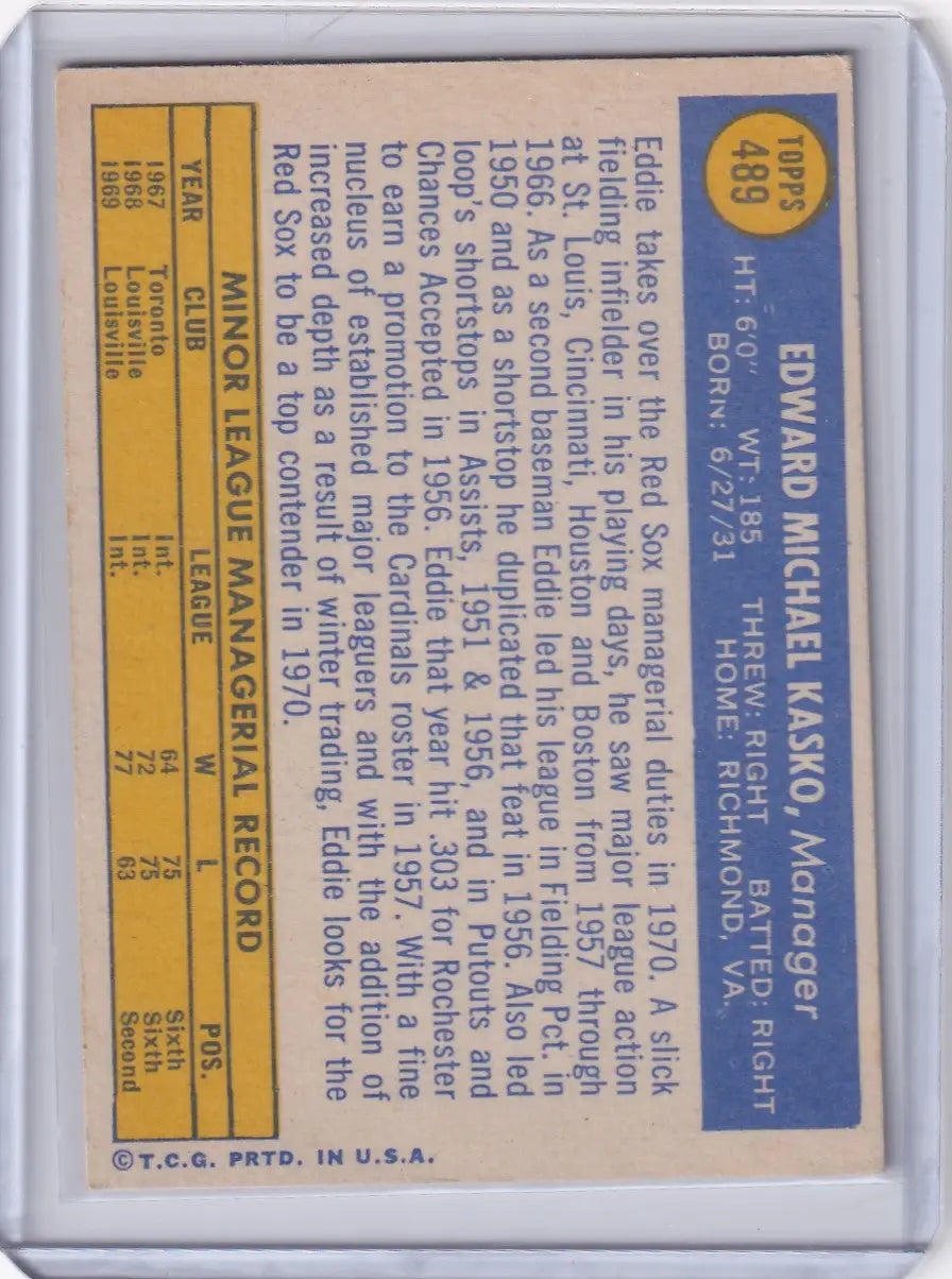 1970 Topps Baseball #489 Eddie Kasko - Boston Red Sox - Baseball Card Single