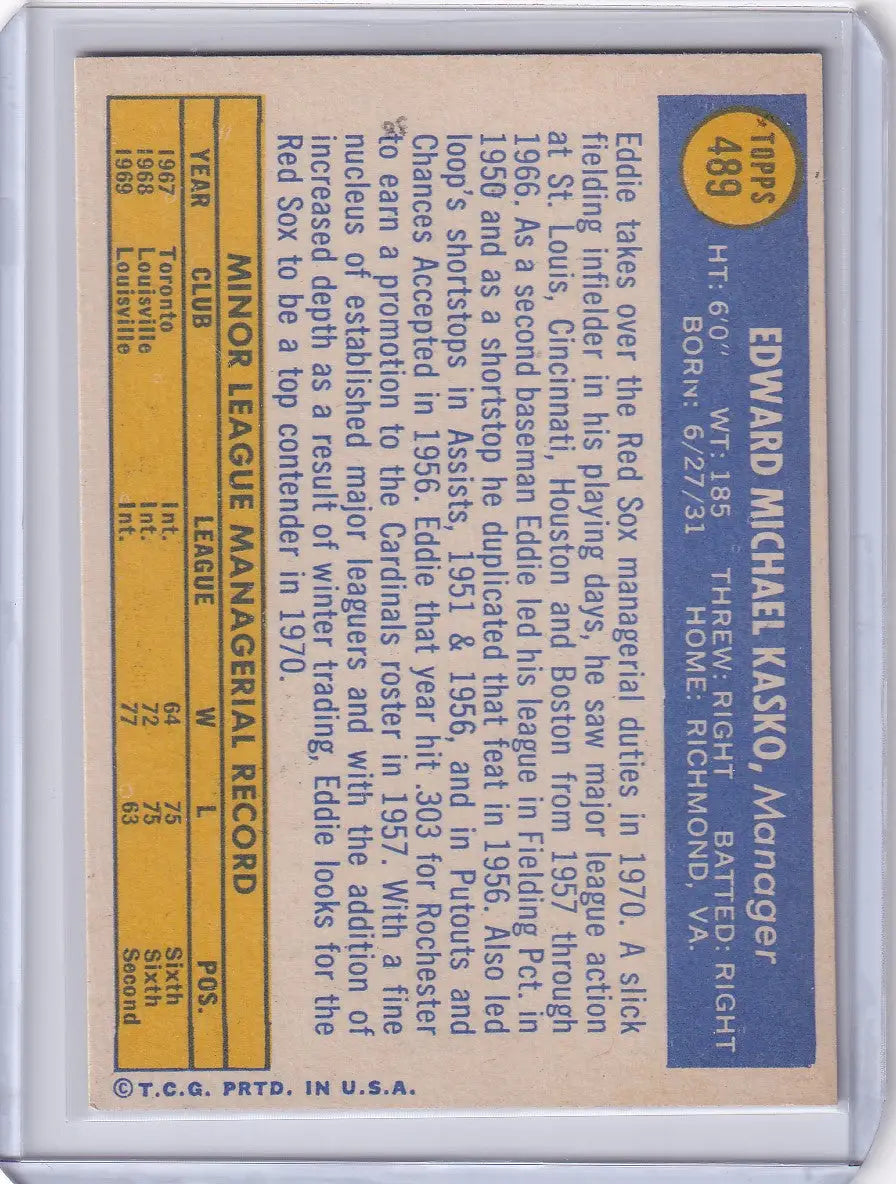 1970 Topps Baseball #489 Eddie Kasko - Boston Red Sox - Baseball Card Single