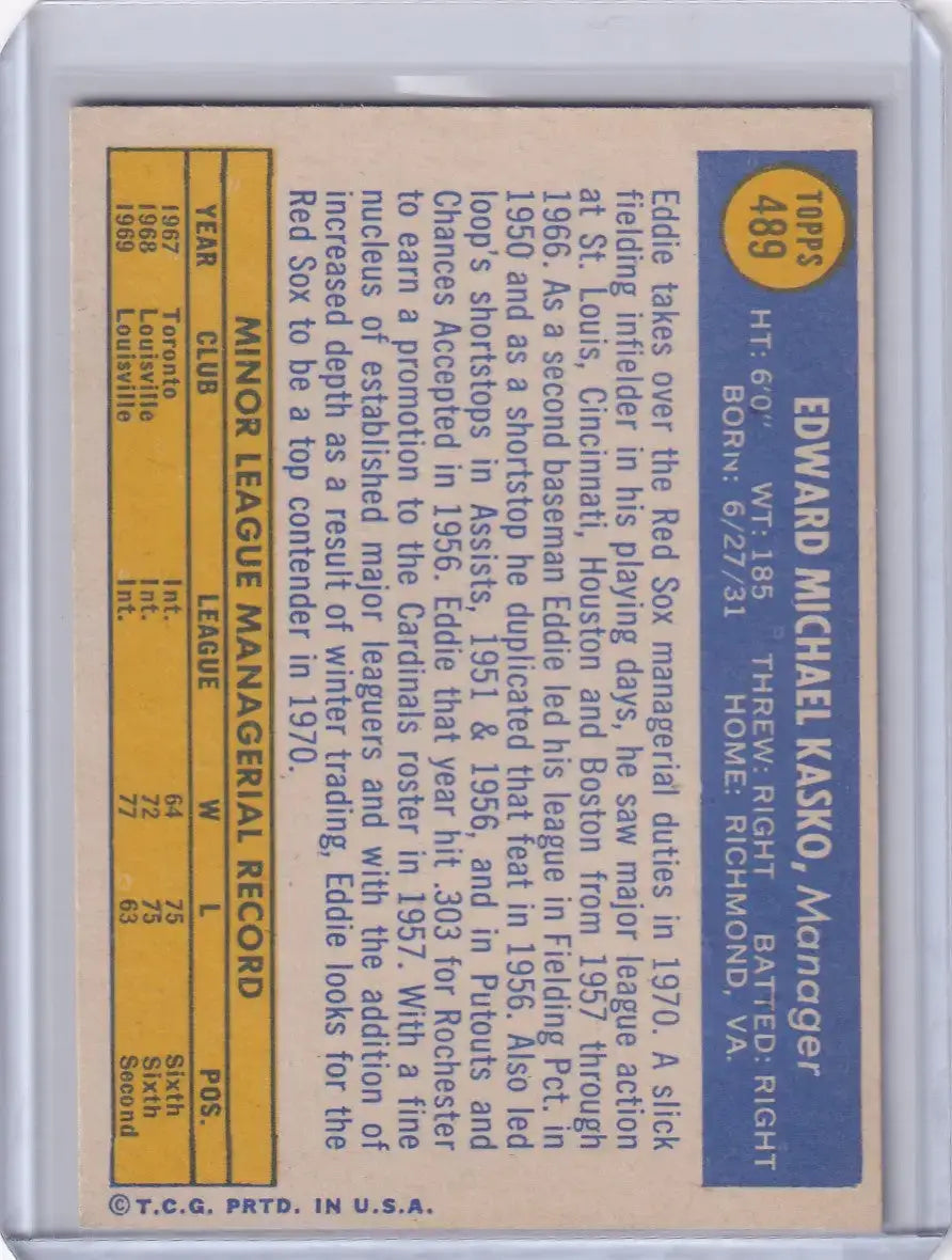 1970 Topps Baseball #489 Eddie Kasko - Boston Red Sox - Baseball Card Single