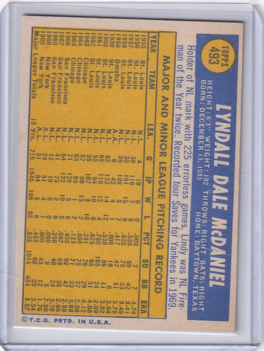 1970 Topps Baseball #493 Lindy McDaniel - New York Yankees - Baseball Card Single