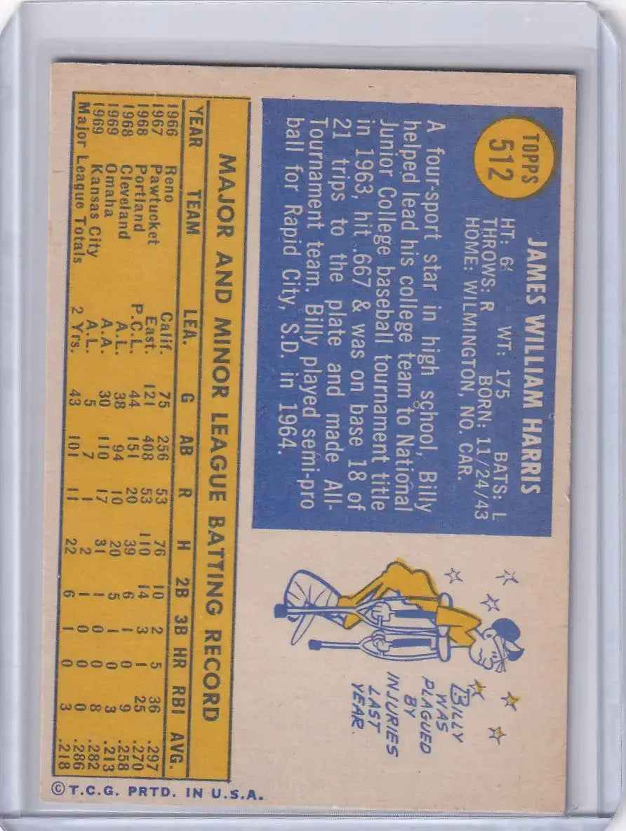 1970 Topps Baseball #512 Billy Harris - Kansas City Royals - Baseball Card Single