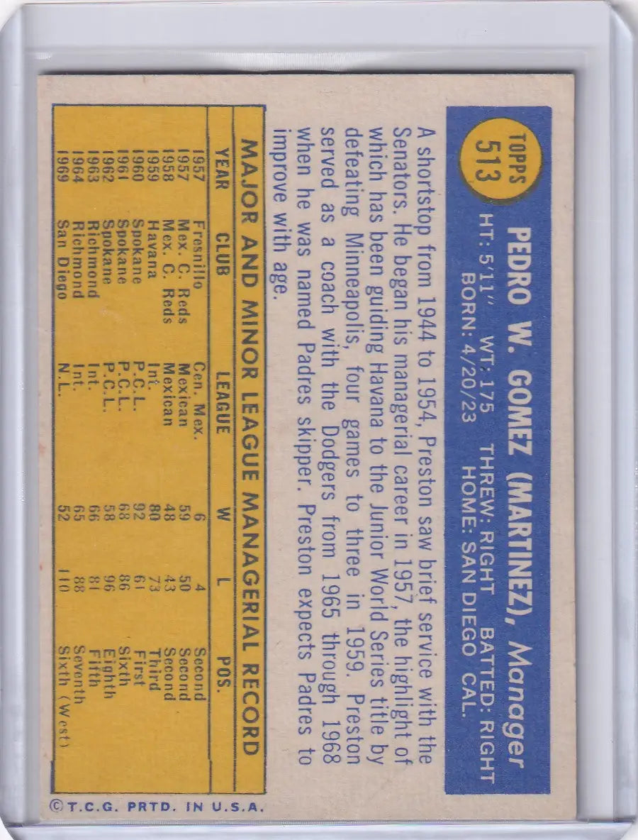 1970 Topps Baseball #513 Preston Gomez - San Diego Padres - Baseball Card Single
