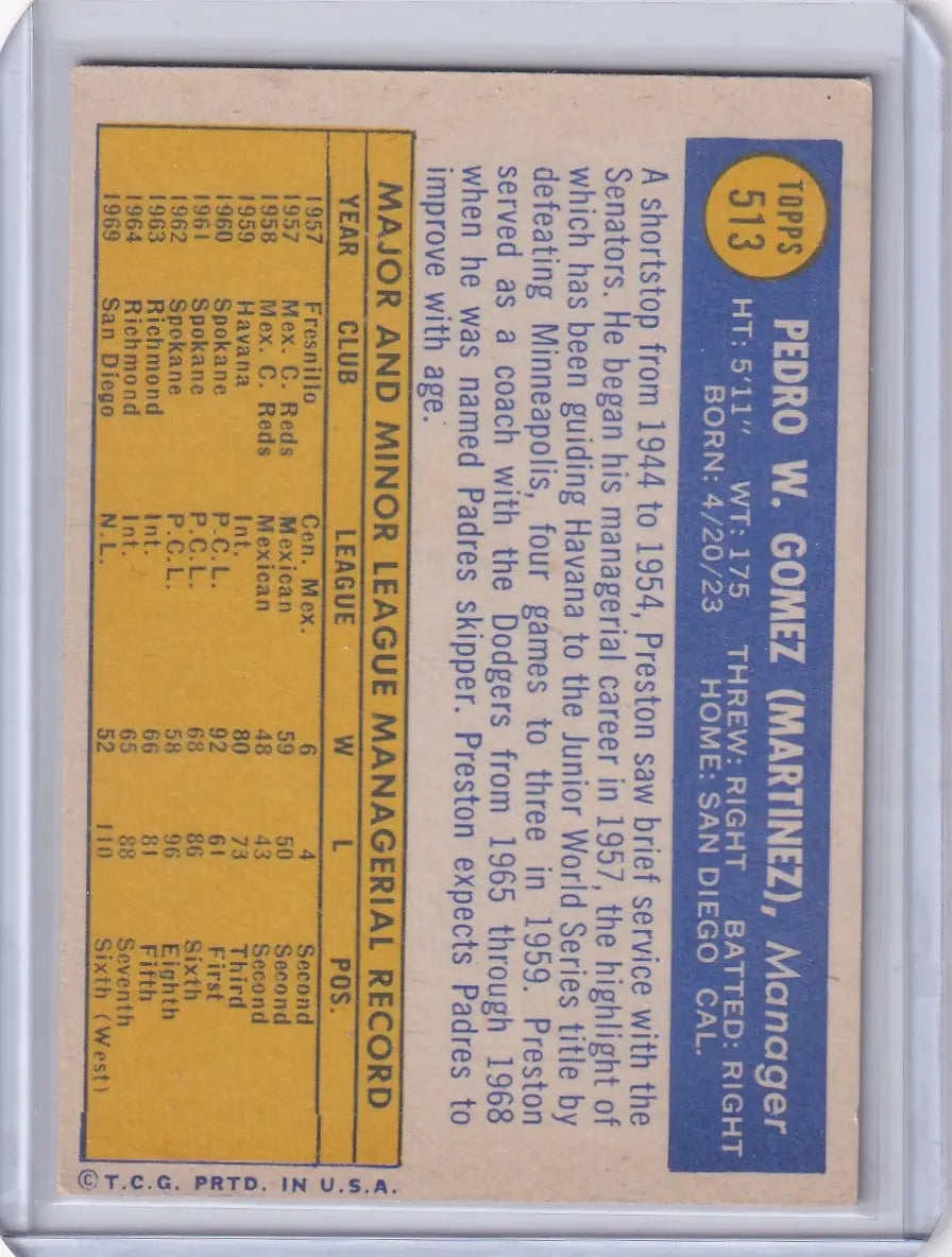 1970 Topps Baseball #513 Preston Gomez - San Diego Padres - Baseball Card Single