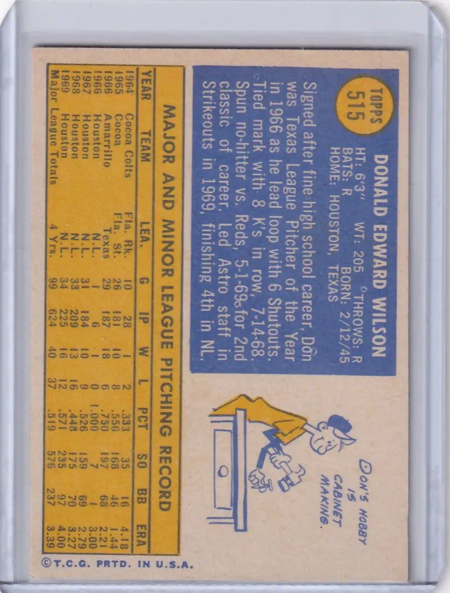 Topps baseball trading card of Don Wilson featuring Houston Astros player stats and illustration