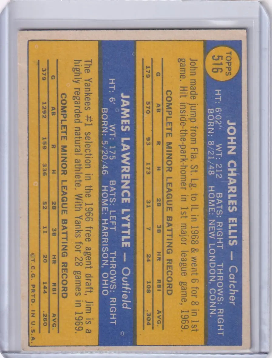 1970 Topps Baseball #516 Yankees Rookies - John Ellis / Jim Lyttle RC - Baseball Card Single