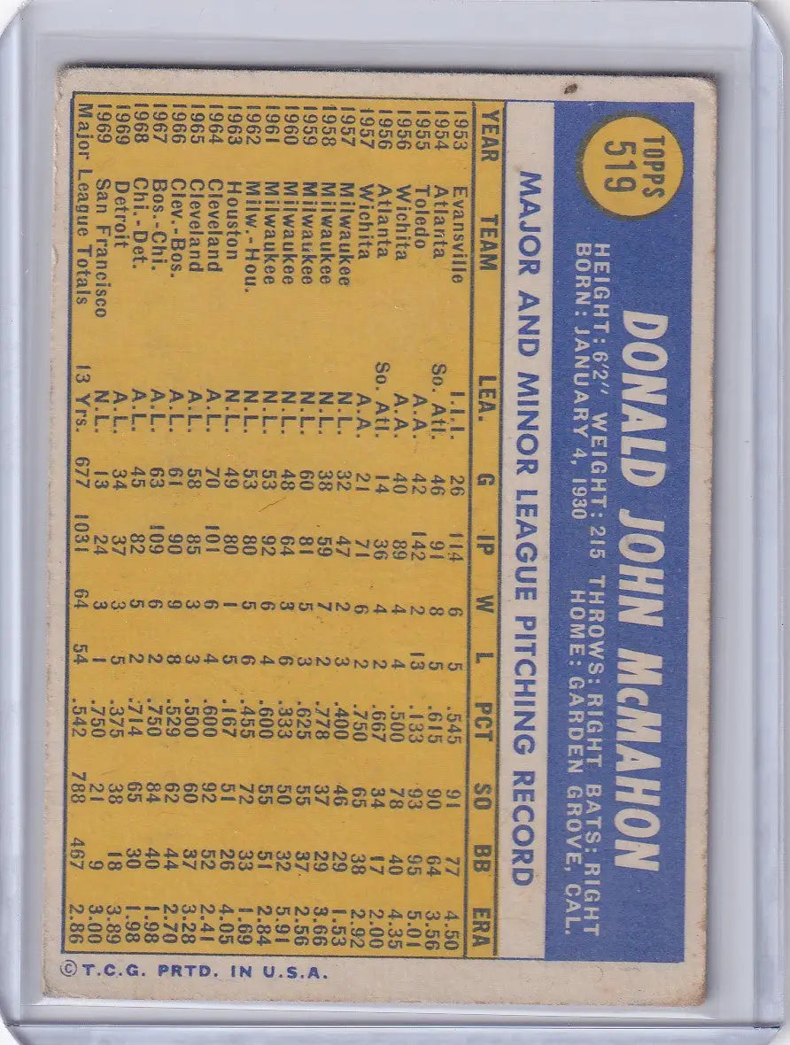1970 Topps Baseball #519 Don McMahon - San Francisco Giants - Baseball Card Single