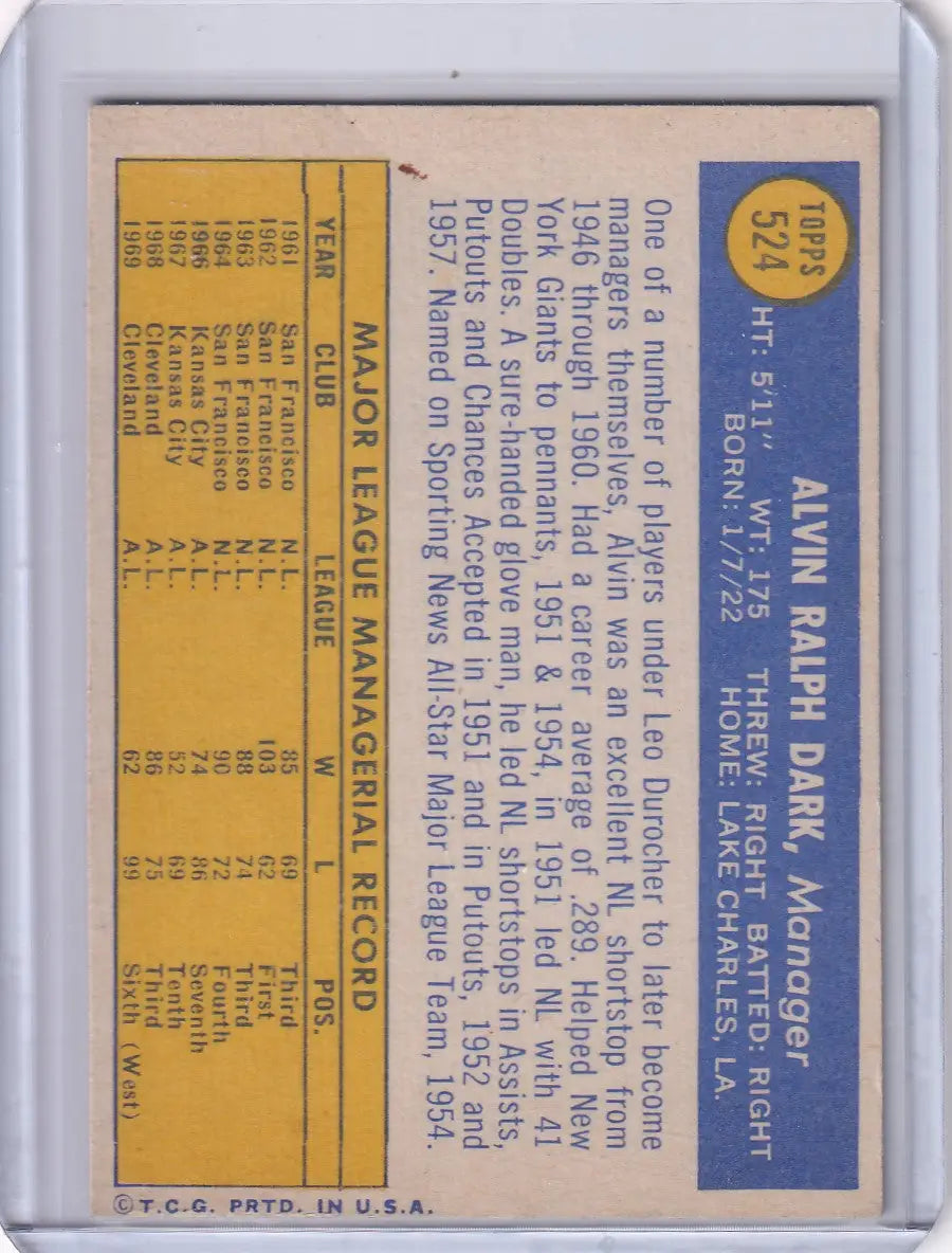 1970 Topps Baseball #524 Alvin Dark - Cleveland Indians - Baseball Card Single