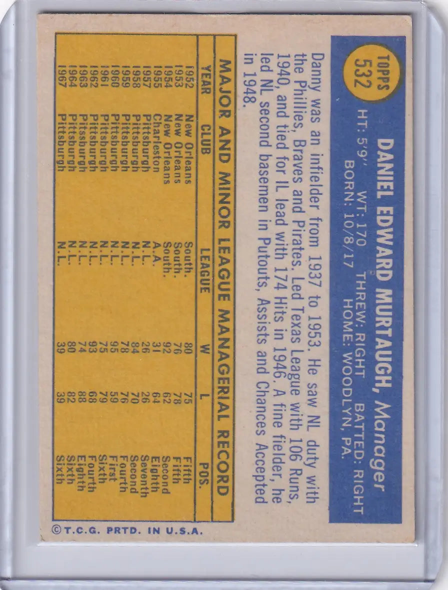 1970 Topps Baseball #532 Danny Murtaugh - Pittsburgh Pirates - Baseball Card Single