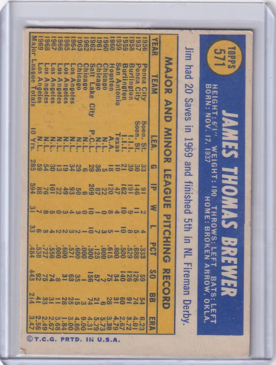 1970 Topps Baseball #571 Jim Brewer - Los Angeles Dodgers - Baseball Card Single